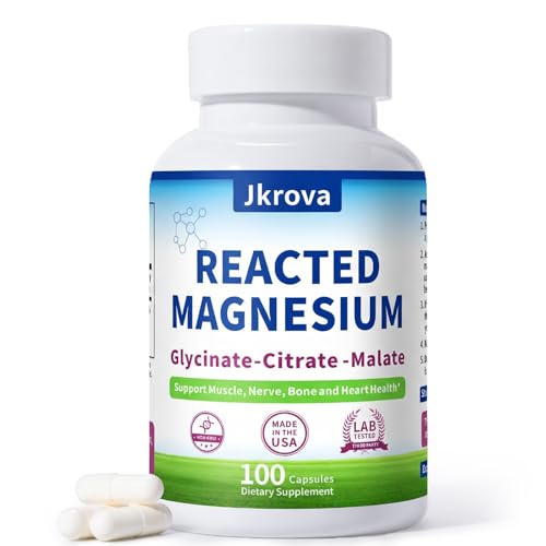 Reacted Magnesium & Potassium - High Absorption Magnesium Supplement with Magnesium Citrate Glycinate Malate - Supports Sleep Muscles Heart Health - 100 Capsules