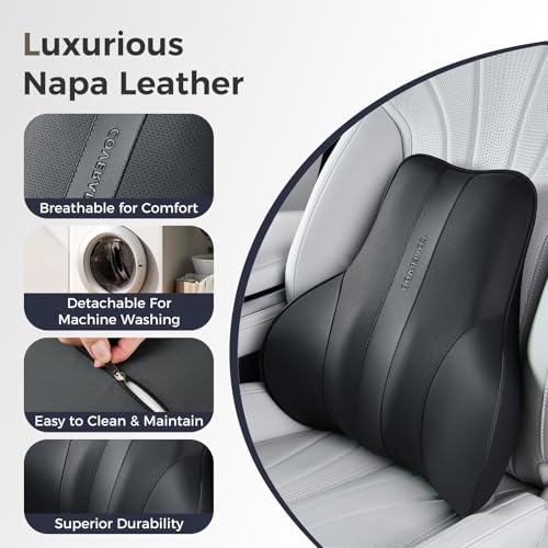 Image of Coverado Lumbar Support Pillow for Car, Ergonomic Memory Foam Back Pillow for Office Chair, New Back Cushion for Pain Relief, PU Leather Car Lumbar Support for Driving Seat Black