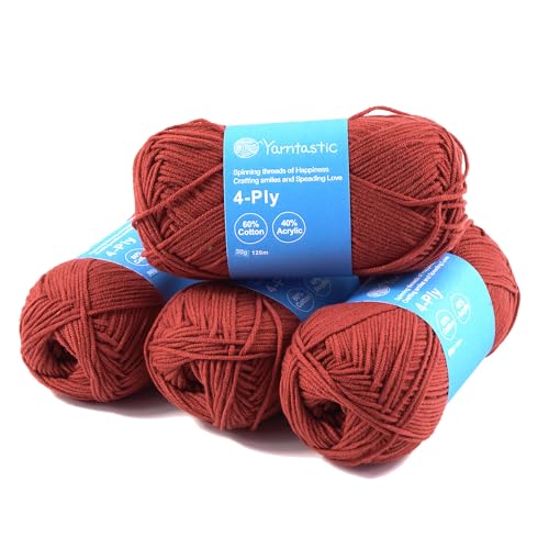 Yarntastic 50g x 4 Balls in a Pack, 4 Ply Cotton Acrylic Blended Yarn, 43 Colour Choices; for Knitting, Crochet, Amigurumi, Turfing; for Baby Blanket, Clothing and Many Other Projects (Red 24)