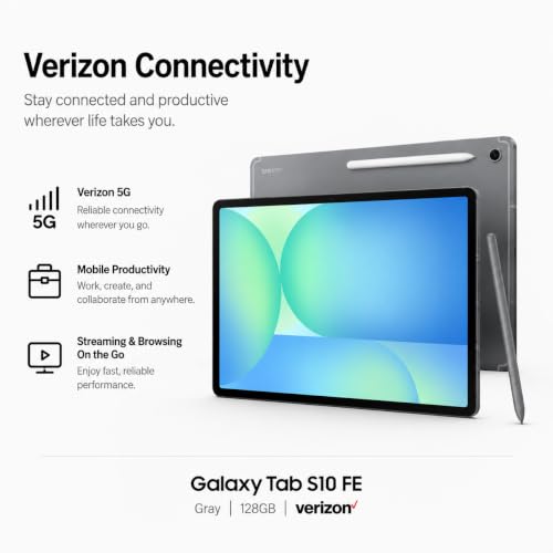 Image of Samsung Galaxy Tab S10 FE 5G Tablet, 128GB, Gray, Verizon, 10.9 inch Display, S Pen Included