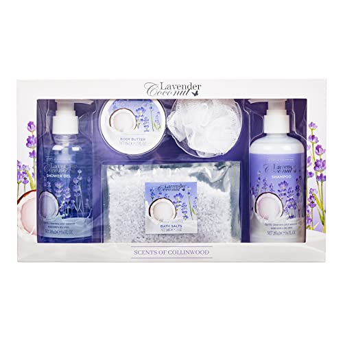 Scents of Collinwood - 5 Piece Women’s Attractive Lavender Coconut Scent Bath Box Set - Includes Shower Gel, Shampoo, Body Butter, Bath Salts and a Bath Puff, Purple