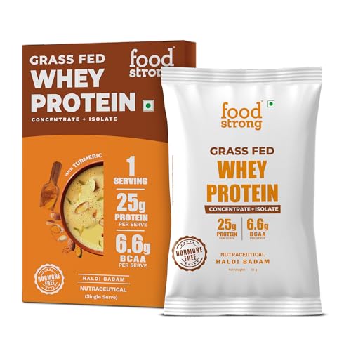 Image of Foodstrong Whey Protein Powder (Concentrate + Isolate), 100% Hormone Free Grass-Fed Whey, 25G Protein & 6.6G BCAA, Haldi Badam, With Turmeric & Digestive Enzymes, 34G