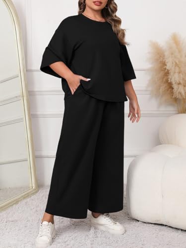 Beautife Womens Plus Size 2 Piece Outfits 3/4 Sleeve Tops and Wide Leg Pants Loungewear Pajamas Sets2