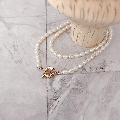 Dainty Freshwater Pearl Choker Necklace with Gold Sailor Clasp - 15" Strand & Double Line Bracelet - Dual Purpose Jewelry for Women4