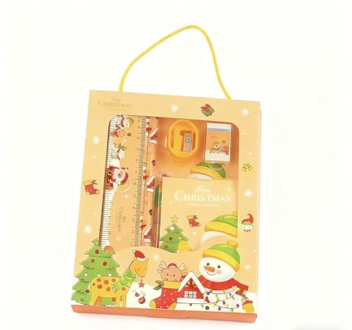 クリスマスをテーマにした文房具ギフトセット|鉛筆、鉛筆削り、消しゴム、メモ帳、定規など、キュートなデザインが盛りだくさん。ホリデーシーズンの学生への文房具ギフトに最適です (オレンジ色)