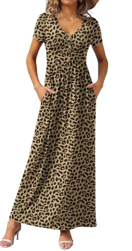 Image of GRECERELLE Womens Summer Long Maxi Dresses 2026 Short Sleeve V Neck Casual Button Dress with Pockets