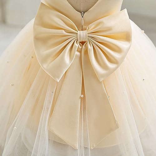 Obeeii Infant Baby Girls Wedding Flower Girl Dress Ruffle Satin Pearls Tutu Dress Bowknot V Back Pageant Party Birthday Formal Dress Baby Girl Christening Baptism Dresses Champagne 12-18 Months thumb #4