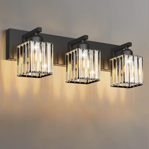 Image of Black Crystal Bathroom Vanity Light, 3-Light Modern Bathroom Lighting Fixtures Over Mirror, Matte Black Wall Sconce Light Fixtures with Square Shade