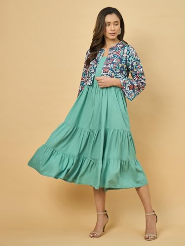 Image of Azira Women Rayon Solid Fit & Flared Dress with Printed Jacket | Perfect for Casual outings, Parties Rayon Fabric|