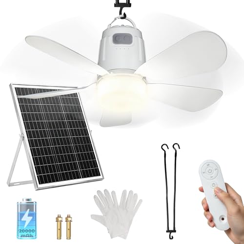 Lumtide Solar Ceiling Fan 20 20000mAh Battery Portable Ceiling Fan with 30W Solar Powered Remote & Hanging Hook 3000k-6000k Dimmable Solar Fans for Outside Tent Gazebo Canopy RV Chicken Coop