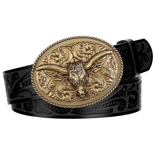 Western Leather Belt with Antique Gold Longhorn Buckle Vintage Engraved Cowgirl Cowboy Rodeo Belt for Women Men Jeans