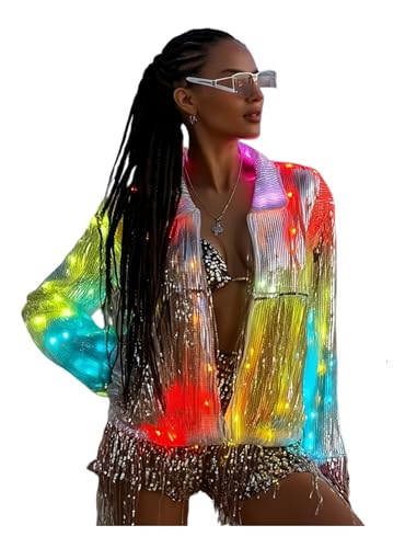 LEDPATY Women Sequin Coat LED Light Up Fringe Tassel Disco Cowgirl Outfit Theme Festival Glitter Coat(Silver, M)