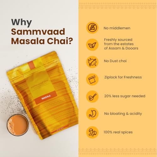 Image of Sammvaad Masala Chai - 250g | Kadak Assam CTC Tea with Ginger & Cardamom | Strong & Aromatic | Makes 135 Cups | Freshness Sealed Pack
