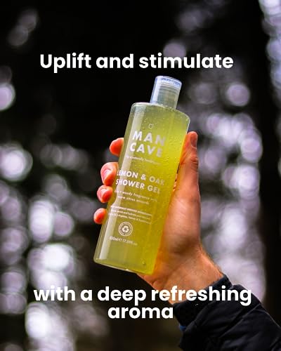 ManCave Lemon and Oak Shower Gel 500 ml, Rich Refreshing Aroma, Natural Formulation infused with Lemon Oil, L-Arginine and Aloe Vera, Long lasting, Sulphate Free, Vegan, Made in the UK