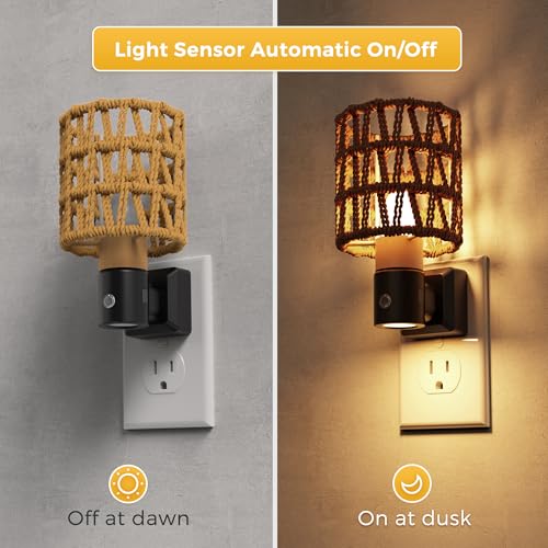 Image of L LOHAS LED Night Lights Plug into Wall, Cylindrical Ironwork Boho Lampshade Decor Night Light, 350 Rotatable Dusk to Dawn Sensor Vintage Nightlight, Dimmable for Bedroom Living Room Hallway