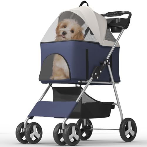 OS MOTOR Pet Stroller with 4 Wheels for Small/Medium Pets,Travel Foldable Detachable Carrier for Dog Cat Cage Jogger Stroller, Rear Wheel Breaks, Storage Basket, Visible Mesh Weather Cover (Navy Blue)