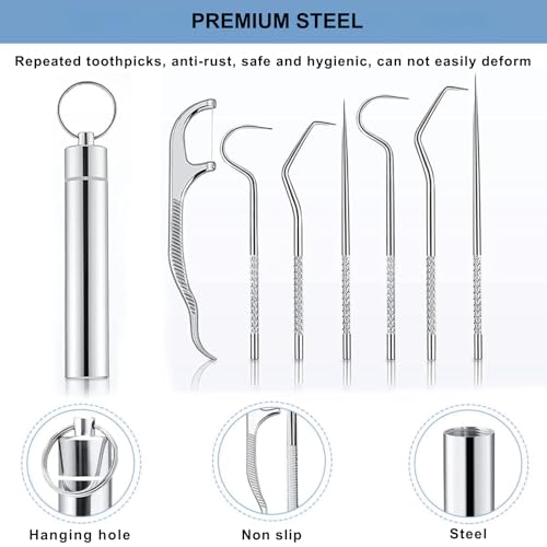 Image of Solitude 7 in 1 Teeth Cleaning Tool Kit | Portable Stainless Steel Dental Tools for Outdoor Camping, Travel, and Braces Maintenance | Toothpicks Pocket Set with 50 Pieces Dental Floss