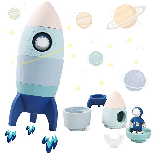 Image of JETM·HH Silicone Rocket Stacking Toy - Space Rocket Toy - Baby Teething Toys -Early Learning Stacking Tower Educational Learning Stacking Toys Nesting Toy for Early Educational for Infants (Blue)