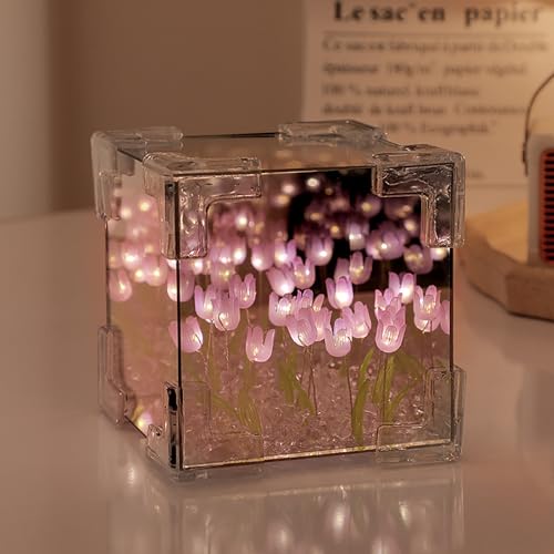 keeda Luminária de Tulipa Cubo Acabado Espelho LED Artesanal Simulada Tulipa Luminária de Mesa DIY Cubo Mágico Criativo Espelho Luz Noturna Lâmpada Tulipa para Dia dos Namorados Aniversário (roxo,