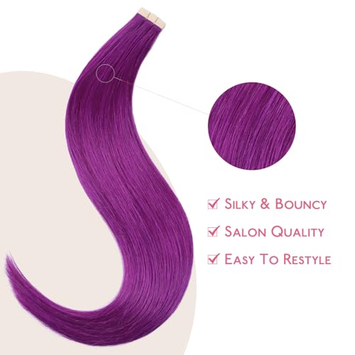 Image of Wennalife Purple Tape in Hair Extensions, 10pcs 30g 24 inch Remy Invisible Tape Ins Straight Colored Soft Real Human Hair Tape in Extensions Refill Set Extensions