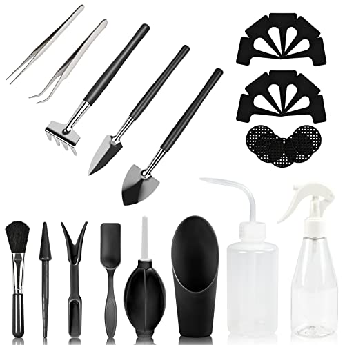 Conjunto de Herramientas de jardín,28 Piezas Mini Juego de Herramientas de Jardinería,Herramientas para Plantas suculentas ,para Bonsai, Kit de Herramientas de jardín para Tijeras (Negro) Cover