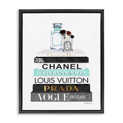 Image of Stupell Industries 'Bookstack with Beauty Brushes', Floating Frame Canvas Art, Black, 17 x 21 Inches, Easy to Hang and Sturdy, Made in USA, by Amanda Greenwood