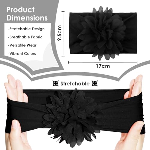 Image of SYGA PACK OF 3 Headbands Nylon Flower Soft Stretchable Hairband for Newborn Infant Toddler Kids For 0-3 Year Black-Beige Yellow-Grey)
