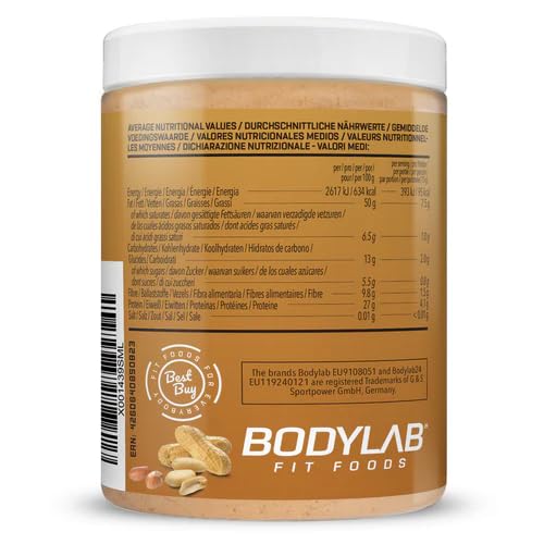 Bodylab24 100% Peanut Butter 1000g, Erdnussbutter ohne Zusatzstoffe, Smooth