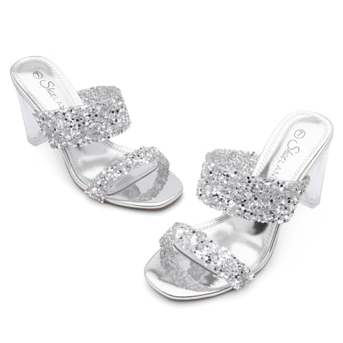 Image of Shoe Land Clear Heels for Women, Transparent Two Strap Chunky Block High Heel Mules, Slip On Square Toe Dressy Sandals for Wedding, Party, Prom
