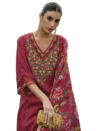 INDO ERA Women's Silk Blend Embroidered A-Line Kurta & Pant with ...
