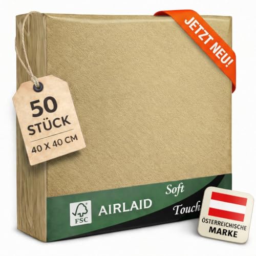 EV Airlaid Servietten - 50 Stück Gold (40 x 40 cm) - Hochwertige Stoffähnliche Servietten - Einfarbig - Stilvolle Tischdeko für Hochzeit Geburtstage & Feste