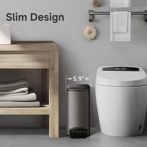 Image of TIPGO Small Bathroom Trash Can with Lid, 1.6 Gal, Soft Close, Black Gold | Foot Pedal, Soft Quiet Lid, 5.9'' Slim for Narrow Space, Stainless Steel, Anti-fingerprint, Removable Inner Bucket, Odor Seal