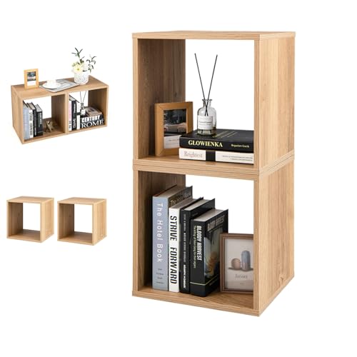 GOPLUS 2 Cubes Rangement en Bois, Bibliothèque Étagères de Rangement, Dispositif Anti-Basculement, Rangement Vinyle pour Salon, Chambre, Bureau, Naturel, 35x38x33cm