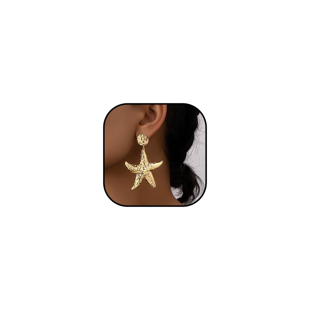Jovono Punk Large Starfish Earrings Gold Exaggerated Star Dangle Earring Beach Ear Drop for Women