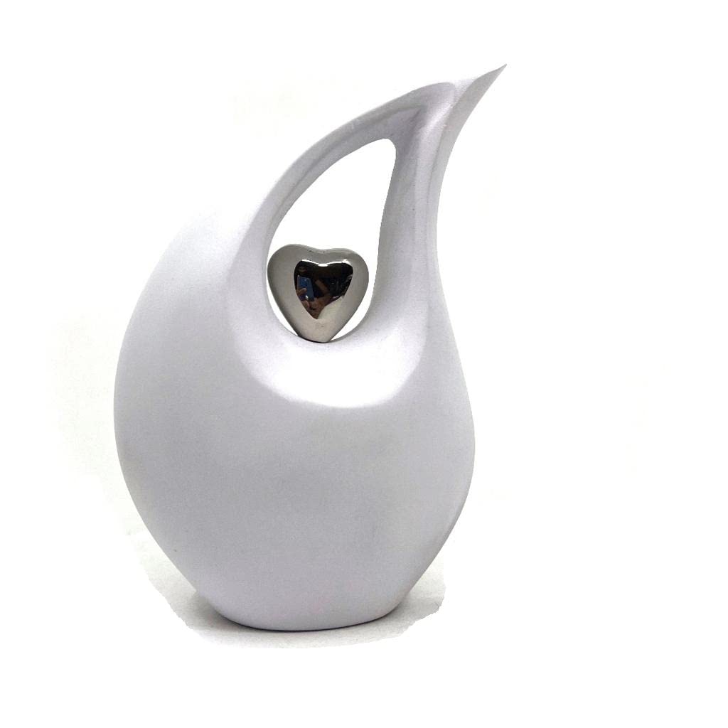 Urnas Medianas con Forma de lágrima Blanca para Cenizas humanas con corazón Plateado (6 Pulgadas de Altura) -Urna para Mascotas pequeñas, Blanco Mate