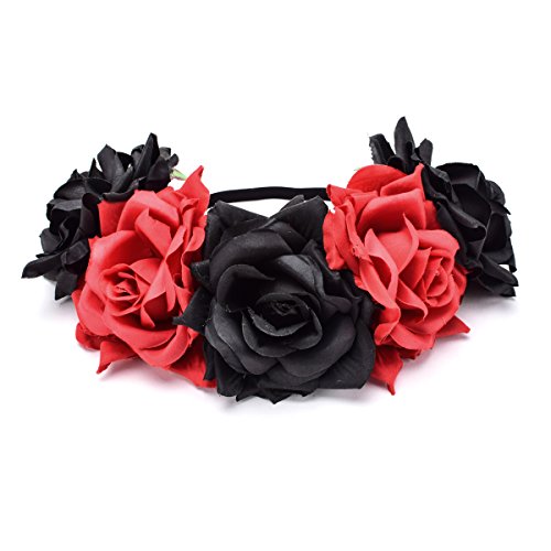 Love Sweety Rose Flower Headband Floral Crown Wreath Garland Halo (Red Black)