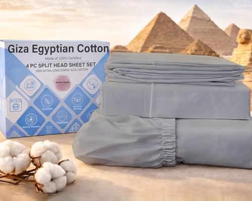 MyGiza Sheets 4 Pcs Flex Head King Sheets Sets for Adjustable Beds, 100% Certified Giza Cotton Top Split King 34 Inch Down Sheets fits 16' deep Mattress, Silver Grey