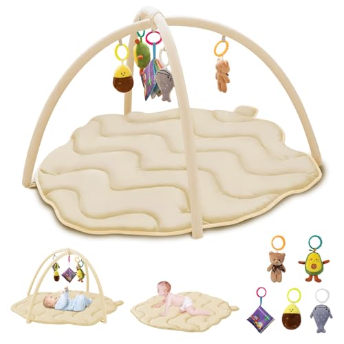 Image of Baby Play Gym Mat, Tummy Time Mat with 5 Detachable Toys, Oversize Cute Pinecone Shape, Large Sensory Playmat for Floor, Newborn Infant Baby Essentials Shower Gift 0-3-6-9-12 Months, Beige