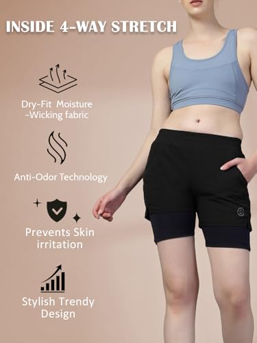 Image of CHKOKKO Gym Shorts for Women Workout Sports Running Quick Dry Fit Double Layer Inner Compression with Pockets Breathable Lightweight Wear