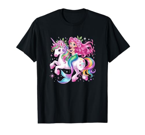 Mermaid Riding A Unicorn Girls Women Kids Adults Rainbow T-Shirt