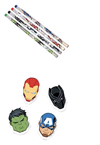 Avengers Pencils and Erasers Set For Boys-8 Pencils, 8 Erasers for Home School Party Favors