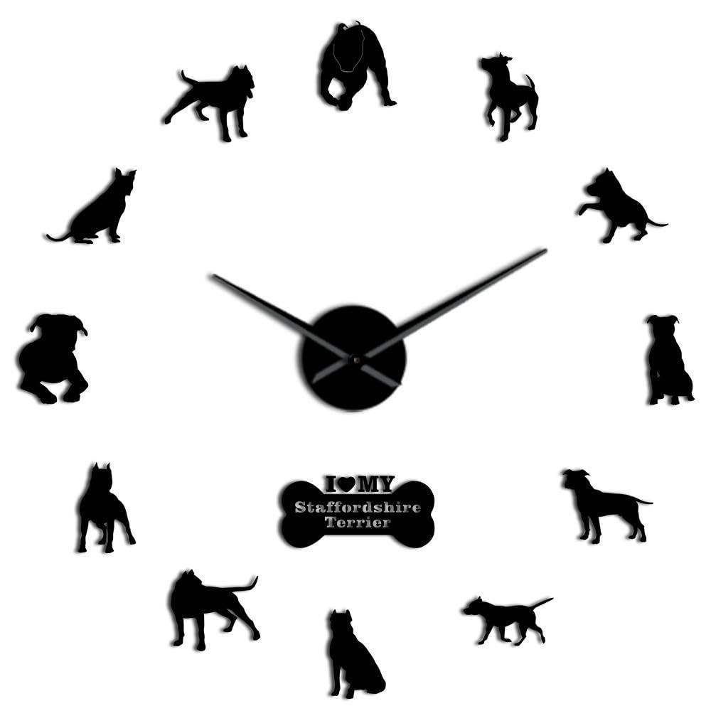 Horloge murale 3D chien autocollant miroir acrylique noir salon géante 47 pouces