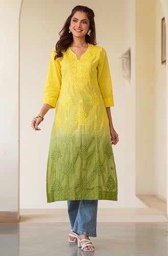 Image of Janasya Women's Pure Cotton Chikankari Embroidered Straight Kurta