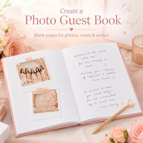 Image of Calculs Baby in Bloom Baby Shower Guest Book, Pink | 8.5-inch square hardcover keepsake book, 32 blank sheets for messages and instant photos, pen included