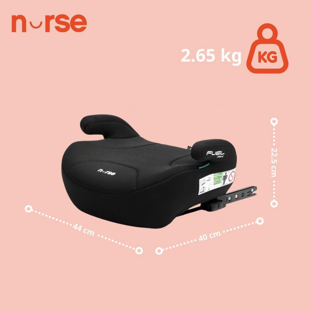 Nurse Fuel Fix Rialzo con ISOFIX 125–150 cm, Booster con Braccioli, Installazione con Cintura di Sicurezza del Veicolo, Nero