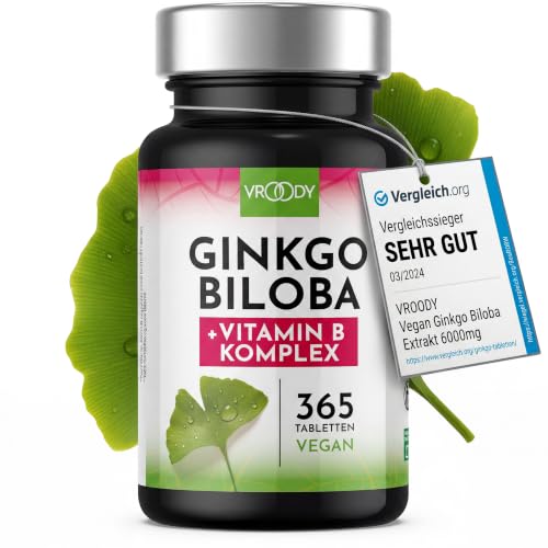 Ginkgo Biloba 6000mg pro Tablette, 365 Stück - Preis-Leistungs-Sieger + B-Vitamin Power Komplex, ohne Zusätze, Laborgeprüft… – Ansicht 1