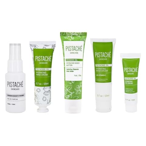 Pistaché Skincare Pistachio Oil 5-Pc Mini Collection (Travel) + Body Butter, Hand Cream, Biscotti Perfume, Eye Cream & Face Moisturizer + Hydrates and Nourishes + Vitamin E + Antioxidant Protection Cover