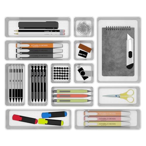 Cetomo Juego de 14 organizadores de cajones, organizador de cajones de almacenamiento de plástico, separadores de cajones, ajustable y expandible, bandeja contenedor para utensilios de cocina,