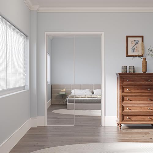 Image of Sliding Closet Doors 48 inch x 80 inch(Double 24.4 inch x 80 inch), Mirrored Doors Aluminum Frame with Hardware Kit & Guide, Interior Door for Bedroom No Assembly Required