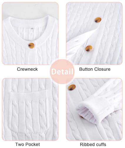 Sweaters for Girls Kids White School Uniforms Cardigans Size 9-10 Long Sleeve Button Front Cable Kint White Cardigan with Pockets